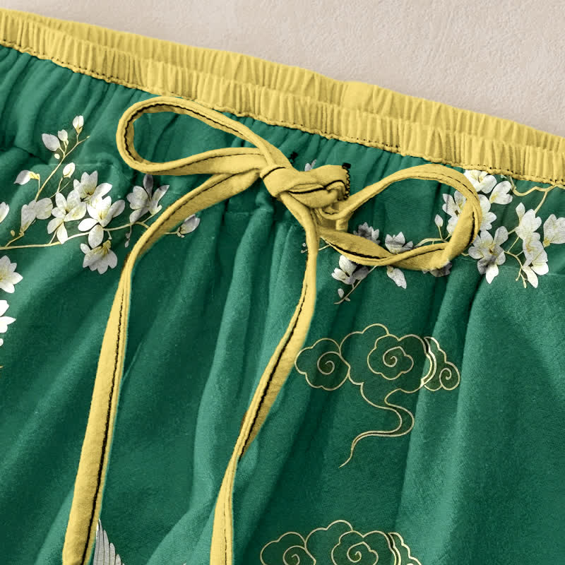 Buddha Stones Pantalon pour femme en pur coton à motif floral de grues volantes, taille élastique et poches - image 1