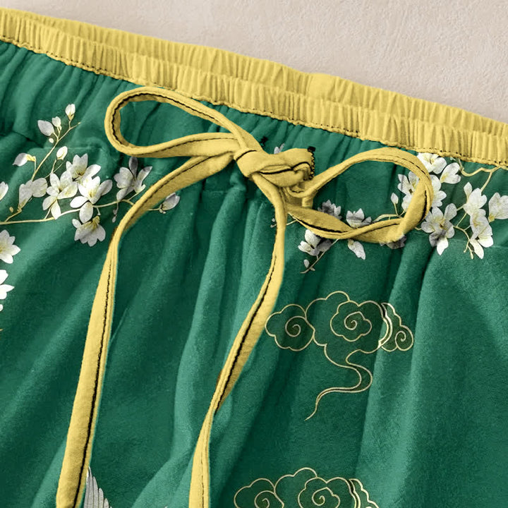 Buddha Stones Pantalon pour femme en pur coton à motif floral de grues volantes, taille élastique et poches - image 1