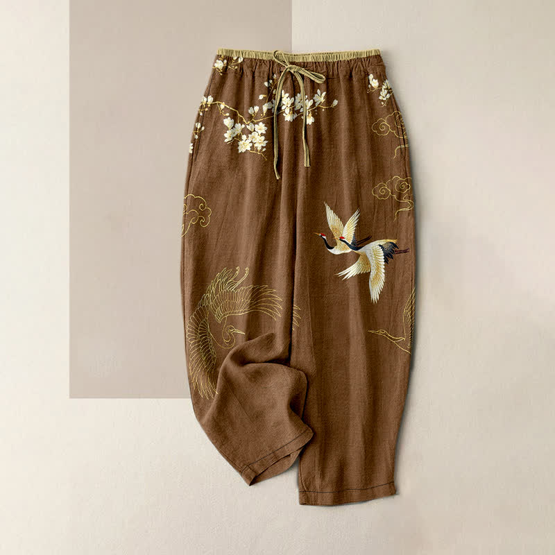Buddha Stones Pantalon pour femme en pur coton à motif floral de grues volantes, taille élastique et poches - Brun - US16，UK/AU20，EU48 (3XL) - image 4