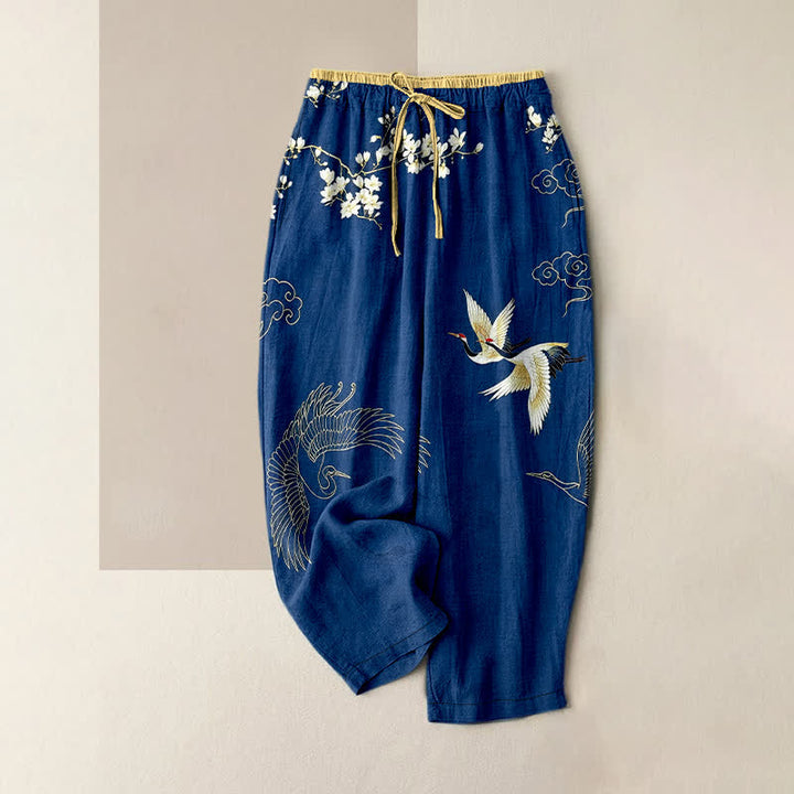 Buddha Stones Pantalon pour femme en pur coton à motif floral de grues volantes, taille élastique et poches - Marine - US16，UK/AU20，EU48 (3XL) - image 5