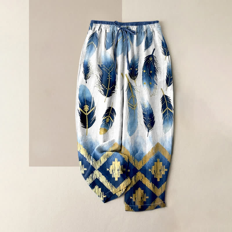 Buddha Stones Pantalon pour femme en pur coton, motif plumes marine et bordure dorée, taille élastique et poches - Blanc - US16，UK/AU20，EU48 (3XL) - image 0