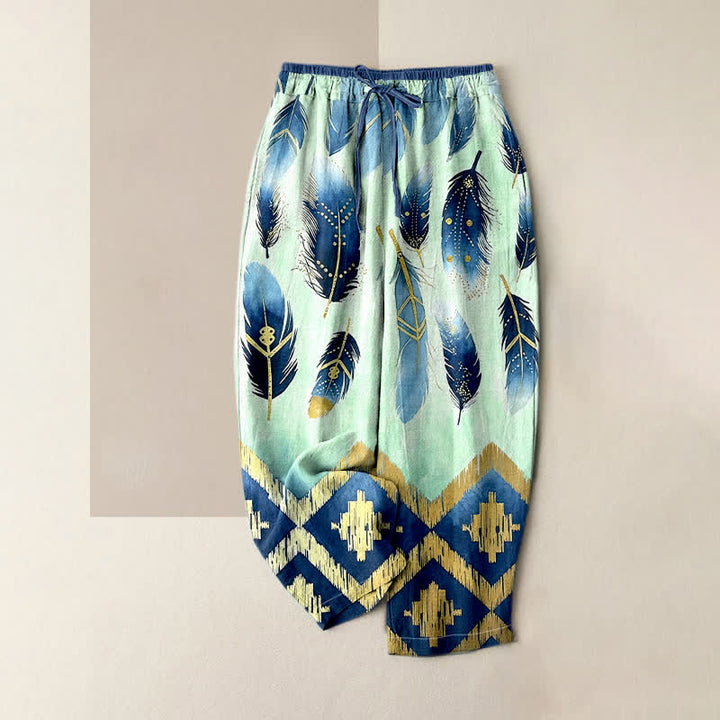 Buddha Stones Pantalon pour femme en pur coton, motif plumes marine et bordure dorée, taille élastique et poches - Bleu vert - US16，UK/AU20，EU48 (3XL) - image 3