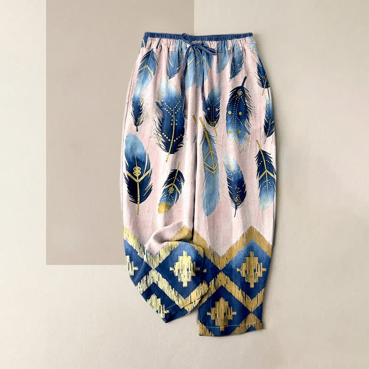 Buddha Stones Pantalon pour femme en pur coton, motif plumes marine et bordure dorée, taille élastique et poches - Rose clair - US16，UK/AU20，EU48 (3XL) - image 4