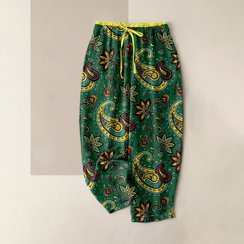Buddha Stones Pantalon harem pour femme en pur coton à motif floral cachemire, taille élastique et poches - Vert forêt - US16，UK/AU20，EU48 (3XL) - image 0