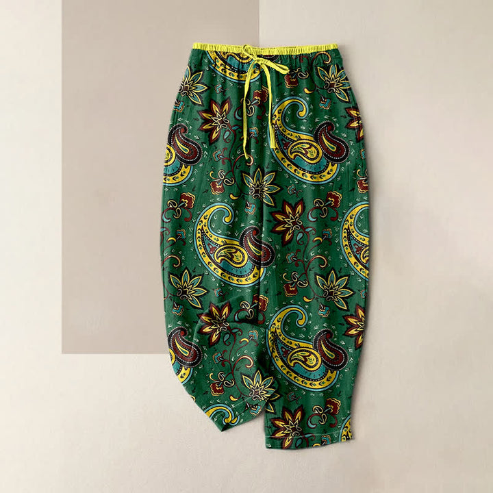 Buddha Stones Pantalon harem pour femme en pur coton à motif floral cachemire, taille élastique et poches - Vert forêt - US16，UK/AU20，EU48 (3XL) - image 0