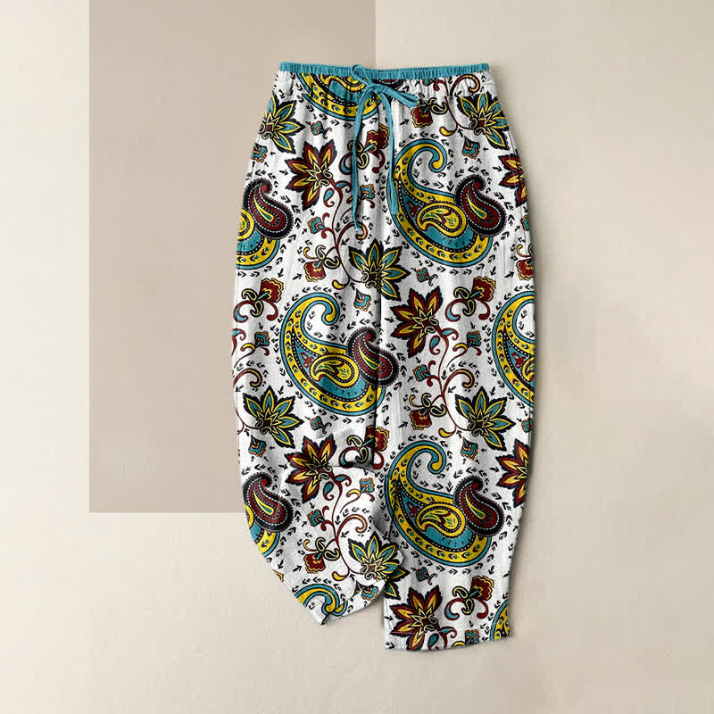 Buddha Stones Pantalon harem pour femme en pur coton à motif floral cachemire, taille élastique et poches - Blanc - US16，UK/AU20，EU48 (3XL) - image 3