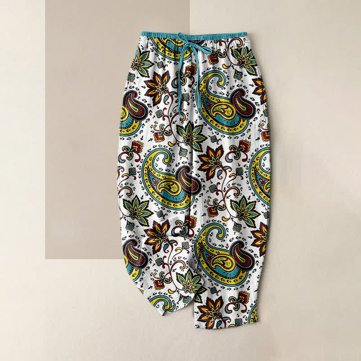 Buddha Stones Pantalon harem pour femme en pur coton à motif floral cachemire, taille élastique et poches - Blanc - US16，UK/AU20，EU48 (3XL) - image 3