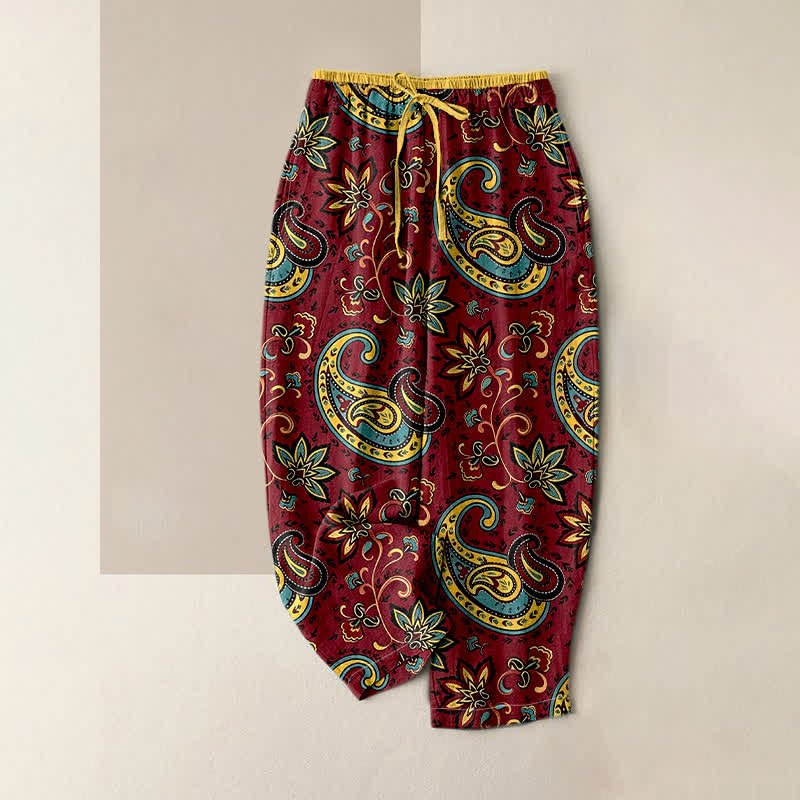 Buddha Stones Pantalon harem pour femme en pur coton à motif floral cachemire, taille élastique et poches - Bordeaux - US16，UK/AU20，EU48 (3XL) - image 4