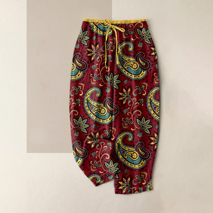 Buddha Stones Pantalon harem pour femme en pur coton à motif floral cachemire, taille élastique et poches - Bordeaux - US16，UK/AU20，EU48 (3XL) - image 4