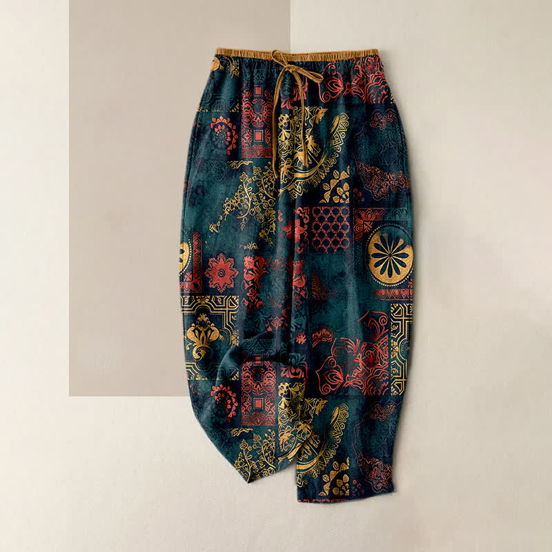 Buddha Stones Pantalon en coton à motif floral pour femme, taille élastique et poches - Sarcelle - US16，UK/AU20，EU48 (3XL) - image 0