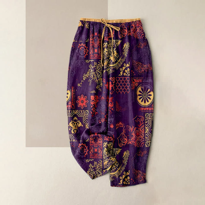 Buddha Stones Pantalon en coton à motif floral pour femme, taille élastique et poches - Violet - US16，UK/AU20，EU48 (3XL) - image 4