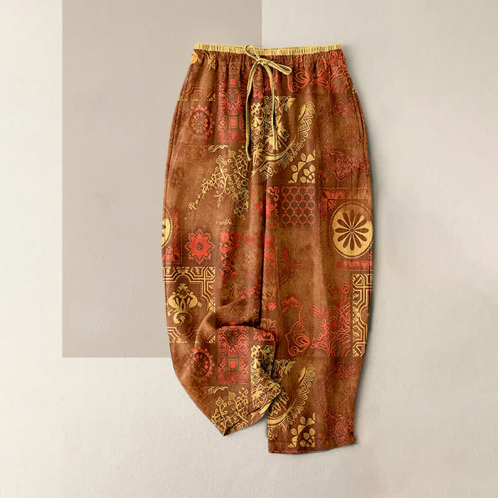 Buddha Stones Pantalon en coton à motif floral pour femme, taille élastique et poches - Terre de sienne - US16，UK/AU20，EU48 (3XL) - image 5
