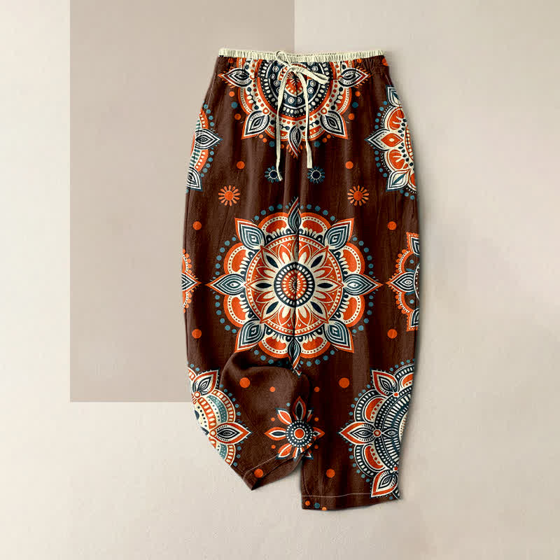 Buddha Stones Pantalon pour femme en pur coton à motif floral mandala, taille élastique et poches - Brun - US16，UK/AU20，EU48 (3XL) - image 0