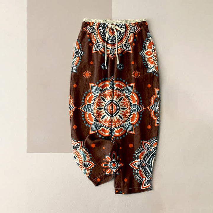 Buddha Stones Pantalon pour femme en pur coton à motif floral mandala, taille élastique et poches - Brun - US16，UK/AU20，EU48 (3XL) - image 0