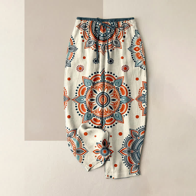 Buddha Stones Pantalon pour femme en pur coton à motif floral mandala, taille élastique et poches - Ivoire - US16，UK/AU20，EU48 (3XL) - image 3