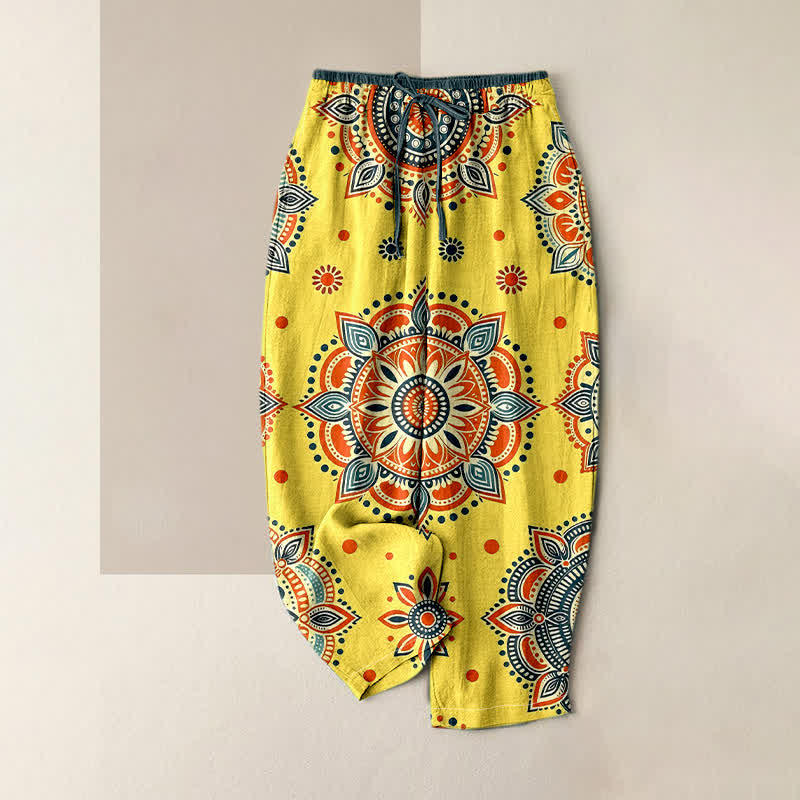 Buddha Stones Pantalon pour femme en pur coton à motif floral mandala, taille élastique et poches - Jaune - US16，UK/AU20，EU48 (3XL) - image 4