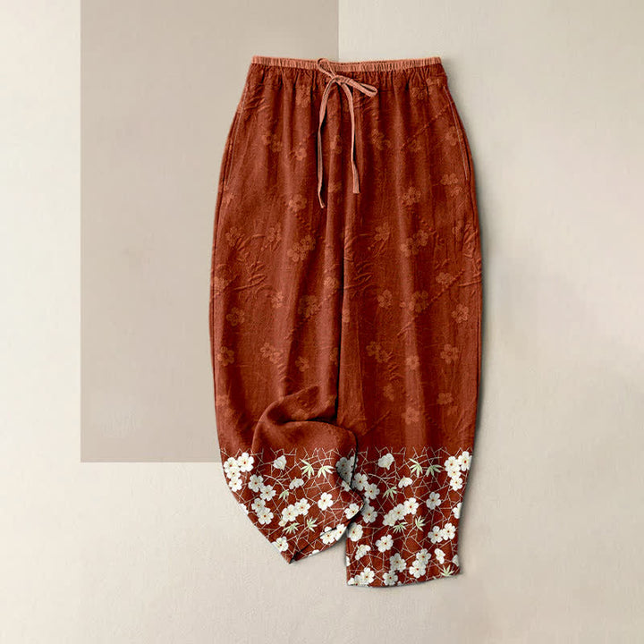Buddha Stones Pantalon pour femme en pur coton à motif floral, taille élastique et poches - Terre de sienne - US16，UK/AU20，EU48 (3XL) - image 0