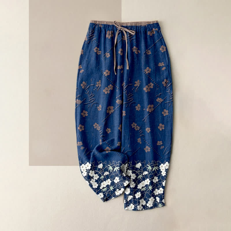 Buddha Stones Pantalon pour femme en pur coton à motif floral, taille élastique et poches - Marine - US16，UK/AU20，EU48 (3XL) - image 3