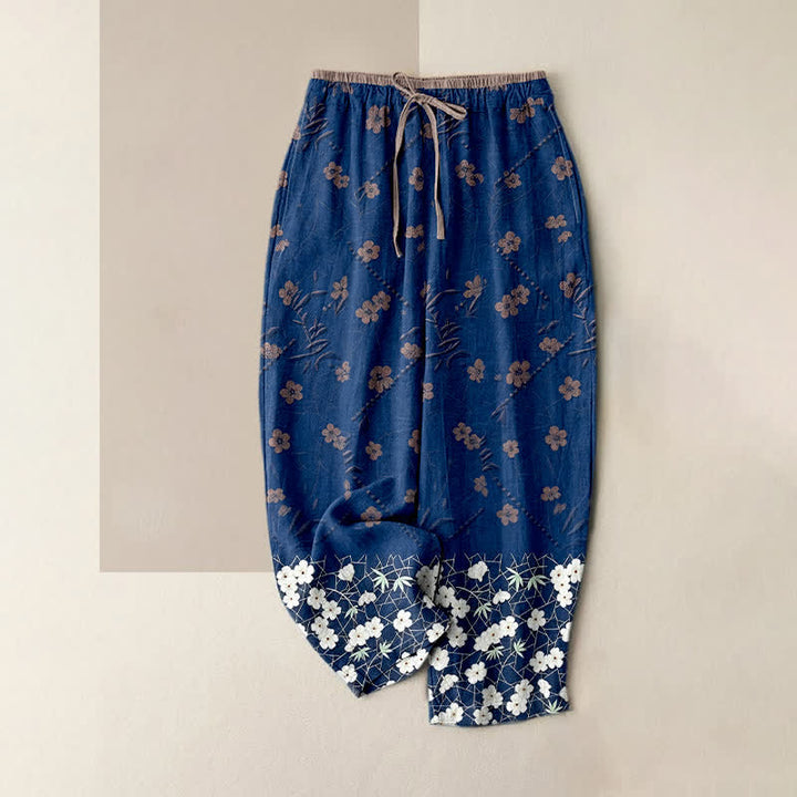 Buddha Stones Pantalon pour femme en pur coton à motif floral, taille élastique et poches - Marine - US16，UK/AU20，EU48 (3XL) - image 3