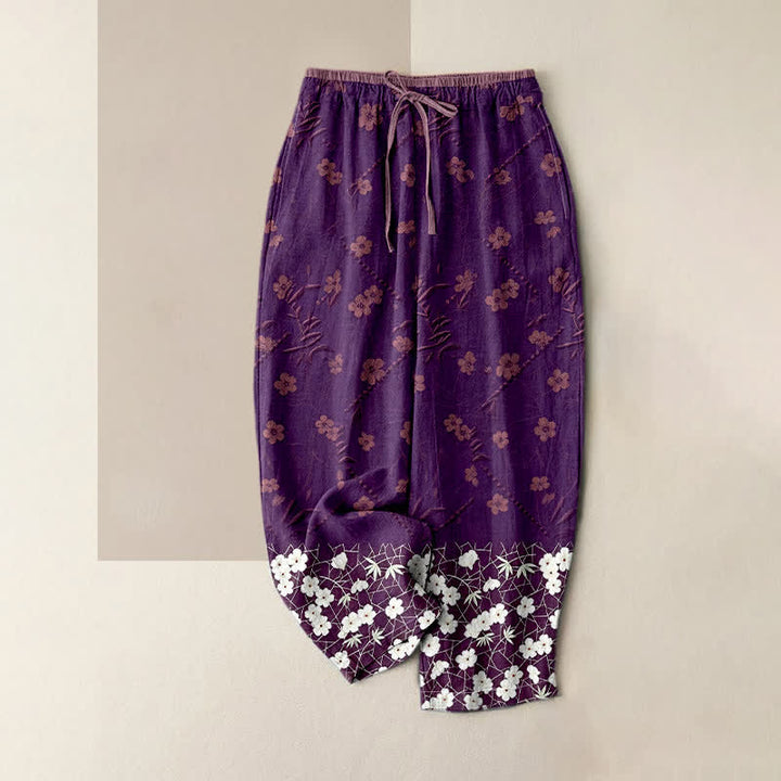 Buddha Stones Pantalon pour femme en pur coton à motif floral, taille élastique et poches - Violet - US16，UK/AU20，EU48 (3XL) - image 4