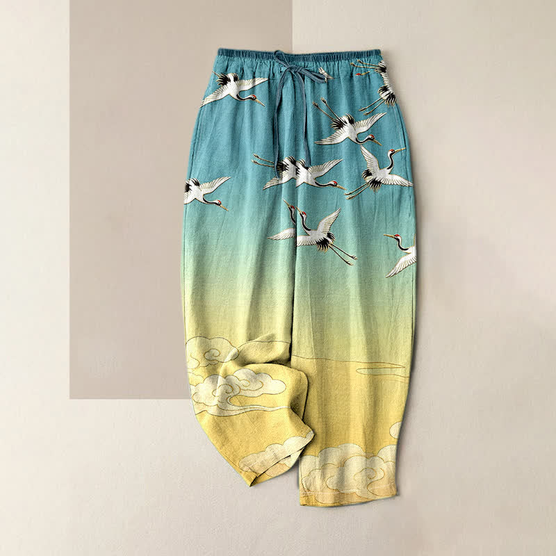Buddha Stones Pantalon pour femme en pur coton, motif dégradé de nuages ​​et grues volantes, taille élastique et poches - Turquoise - US16，UK/AU20，EU48 (3XL) - image 0