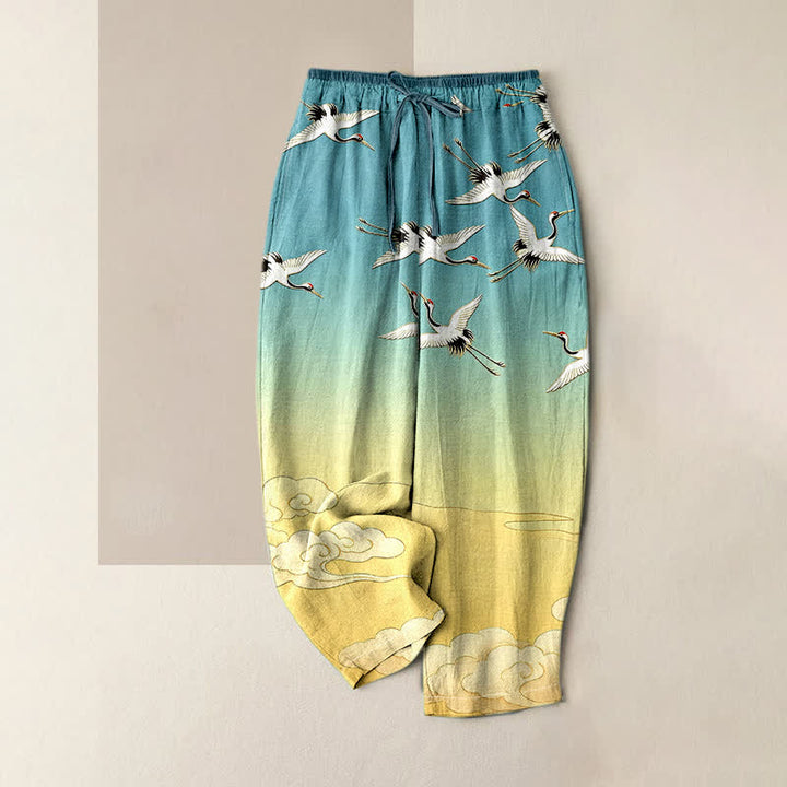 Buddha Stones Pantalon pour femme en pur coton, motif dégradé de nuages ​​et grues volantes, taille élastique et poches - Turquoise - US16，UK/AU20，EU48 (3XL) - image 0