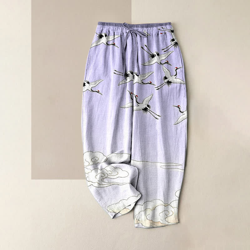 Buddha Stones Pantalon pour femme en pur coton, motif dégradé de nuages ​​et grues volantes, taille élastique et poches - Lavande - US16，UK/AU20，EU48 (3XL) - image 3