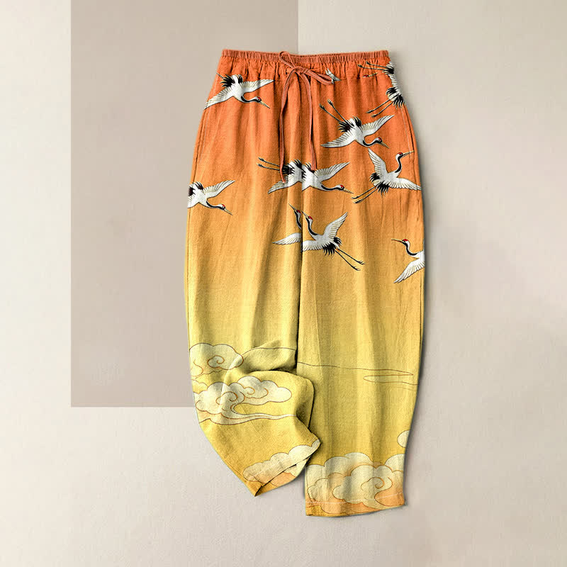 Buddha Stones Pantalon pour femme en pur coton, motif dégradé de nuages ​​et grues volantes, taille élastique et poches - Orange - US16，UK/AU20，EU48 (3XL) - image 4