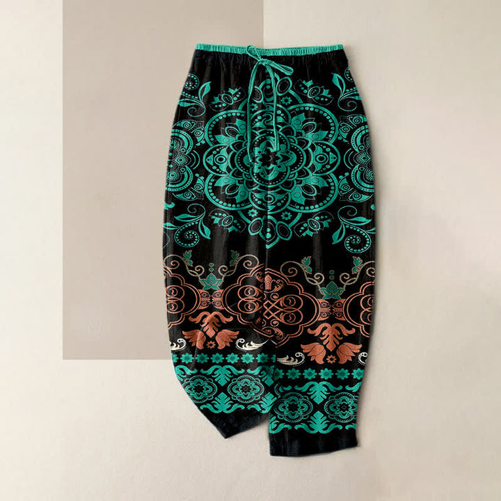 Buddha Stones Pantalon pour femme en pur coton à motif mandala, taille élastique et poches - Sarcelle - US16，UK/AU20，EU48 (3XL) - image 0