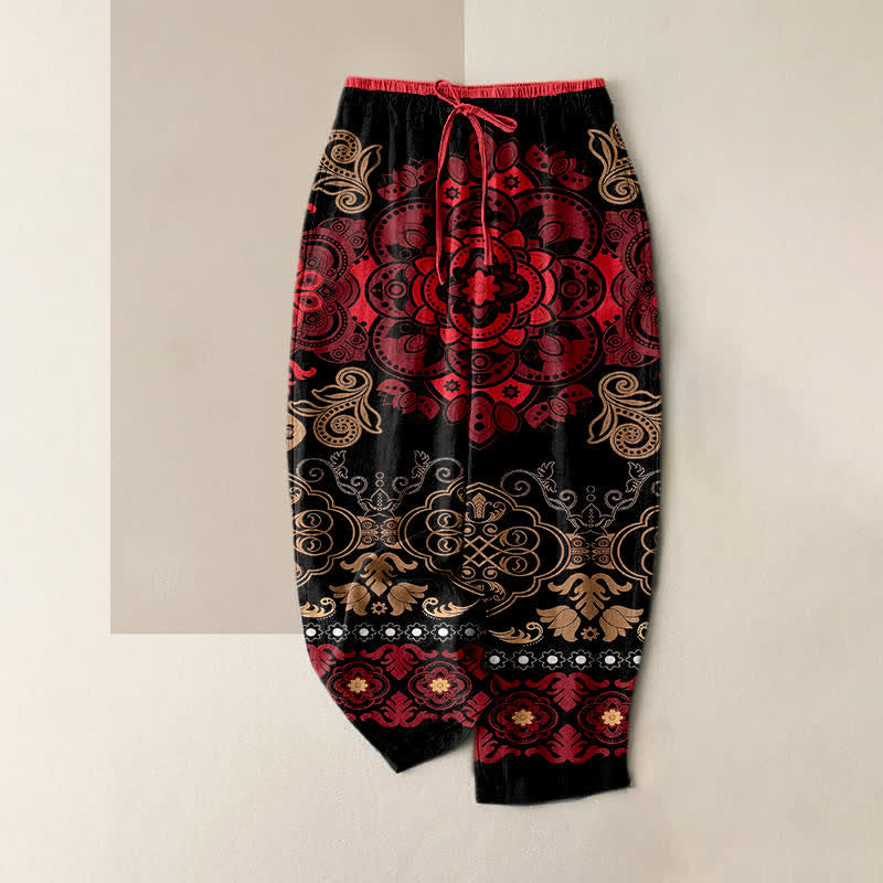 Buddha Stones Pantalon pour femme en pur coton à motif mandala, taille élastique et poches - Rouge - US16，UK/AU20，EU48 (3XL) - image 4