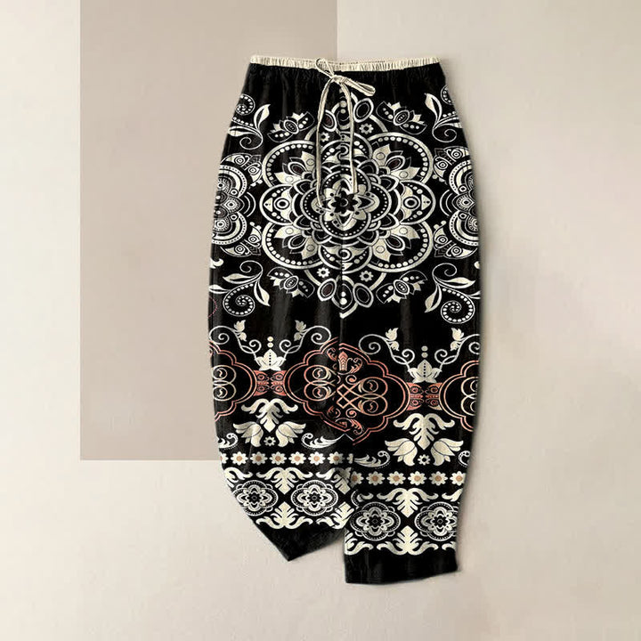 Buddha Stones Pantalon pour femme en pur coton à motif mandala, taille élastique et poches - Ivoire - US16，UK/AU20，EU48 (3XL) - image 5