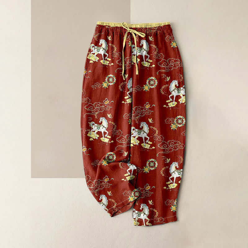 Buddha Stones Pantalon pour femme en pur coton à motif floral nuageux et équestre, taille élastique et poches - Terre de sienne - US16，UK/AU20，EU48 (3XL) - image 0