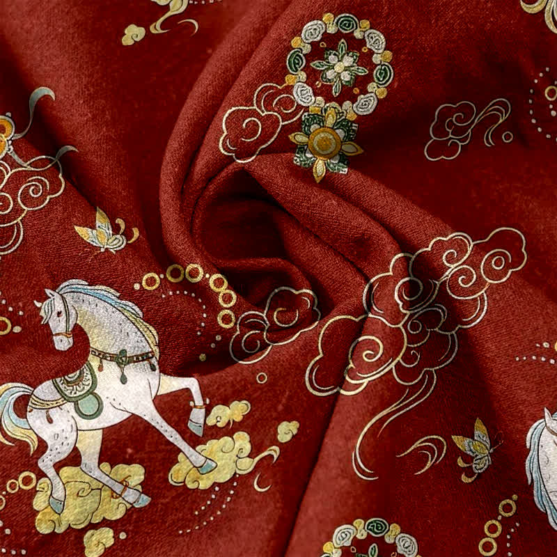 Buddha Stones Pantalon pour femme en pur coton à motif floral nuageux et équestre, taille élastique et poches - image 2