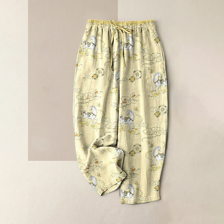 Buddha Stones Pantalon pour femme en pur coton à motif floral nuageux et équestre, taille élastique et poches - soie de maïs - US16，UK/AU20，EU48 (3XL) - image 3