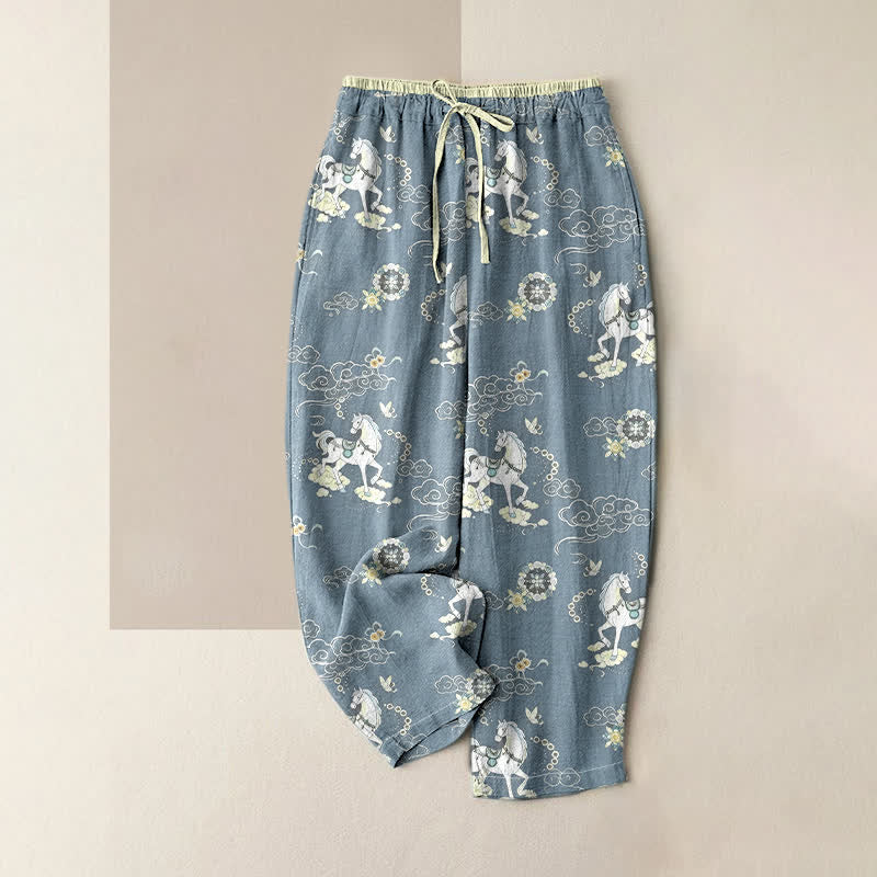 Buddha Stones Pantalon pour femme en pur coton à motif floral nuageux et équestre, taille élastique et poches - SteelBlue - US16，UK/AU20，EU48 (3XL) - image 4