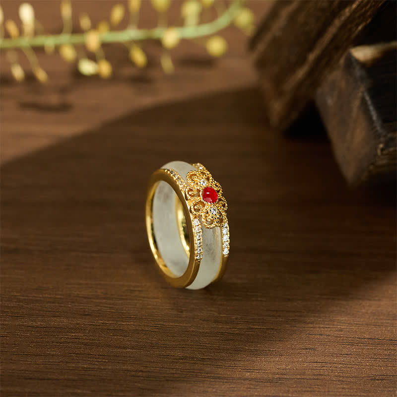 Buddha Stones Bague de richesse en verre et cuivre plaqué or, ornée d'une fleur - image 3