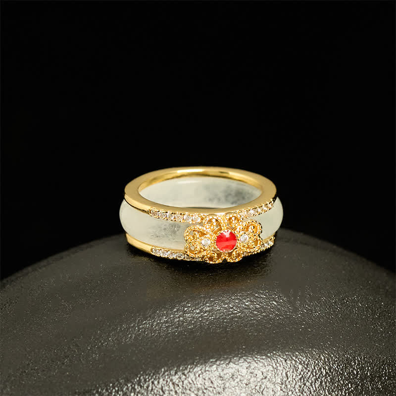 Buddha Stones Bague de richesse en verre et cuivre plaqué or, ornée d'une fleur - image 1