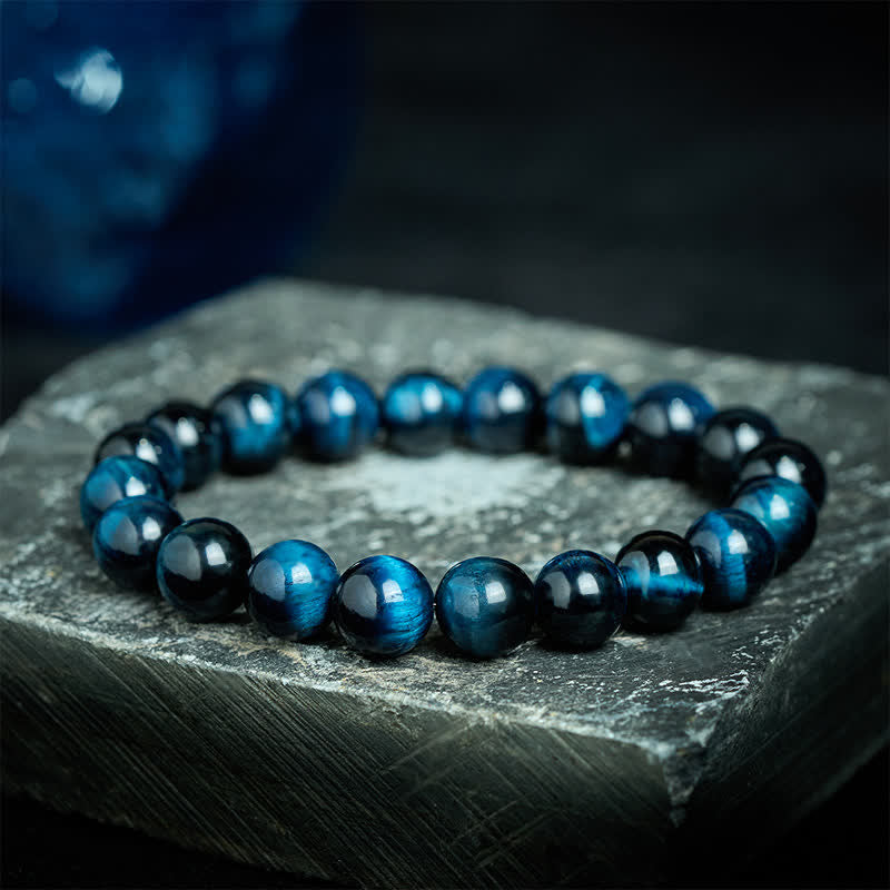 Buddha Stones Bracelet de protection en perles d'œil de tigre bleu naturel - Œil de tigre 12 mm (Tour de poignet : 17-18 cm) - image 0
