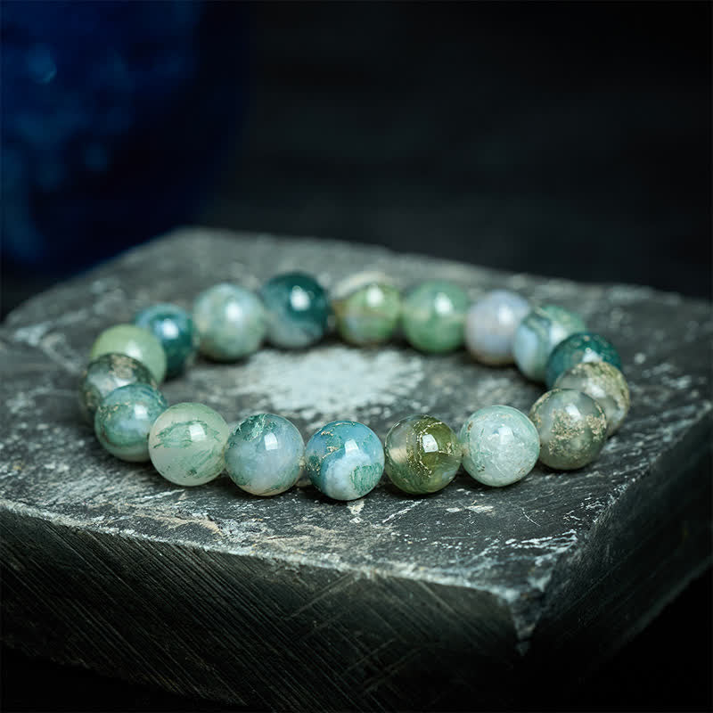Buddha Stones Bracelet de guérison simple en perles d'agate mousse - Agate mousse 14 mm (Tour de poignet : 18-19 cm) - image 0
