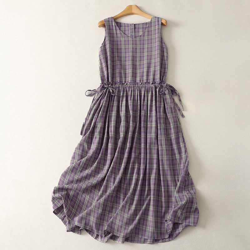 Buddha Stones Robe d'été vintage sans manches à carreaux en coton, taille boutonnée avec cordon de serrage et poches, pour femme - bleuviolet - US12，UK/AU16，EU44 (2XL) - image 0