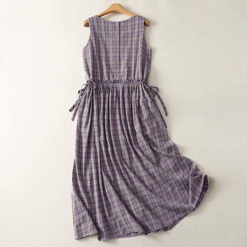 Buddha Stones Robe d'été vintage sans manches à carreaux en coton, taille boutonnée avec cordon de serrage et poches, pour femme - image 1