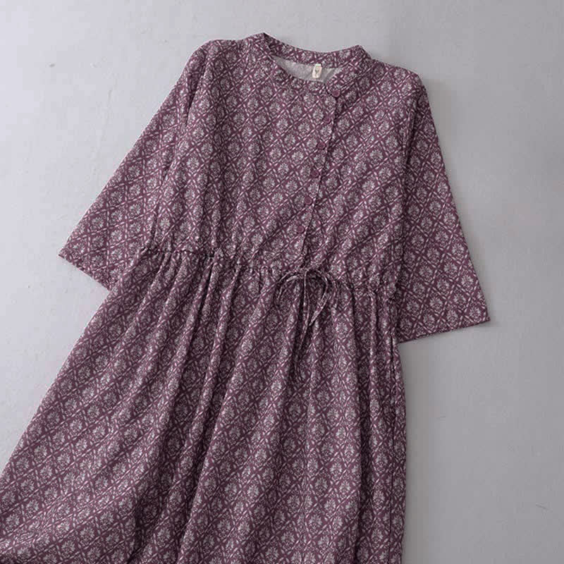 Buddha Stones Robe d'été à manches courtes pour femme, à imprimé floral, boutonnée et à cordon de serrage, avec poches - image 2