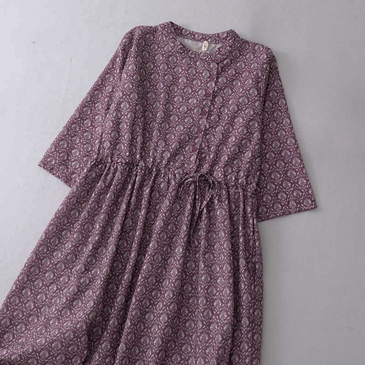 Buddha Stones Robe d'été à manches courtes pour femme, à imprimé floral, boutonnée et à cordon de serrage, avec poches - image 2