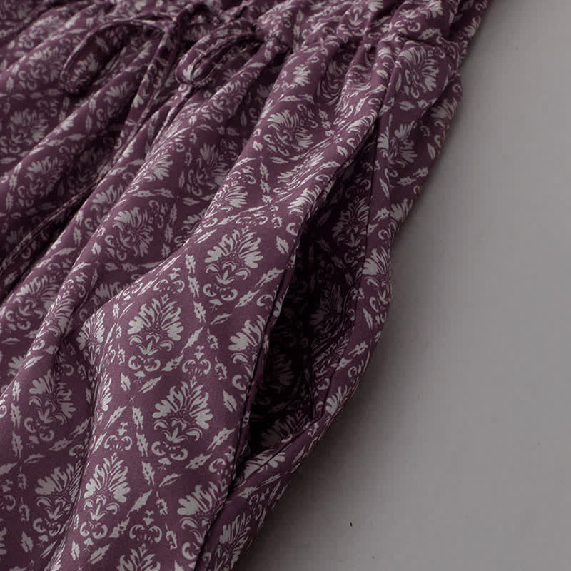 Buddha Stones Robe d'été à manches courtes pour femme, à imprimé floral, boutonnée et à cordon de serrage, avec poches - image 9