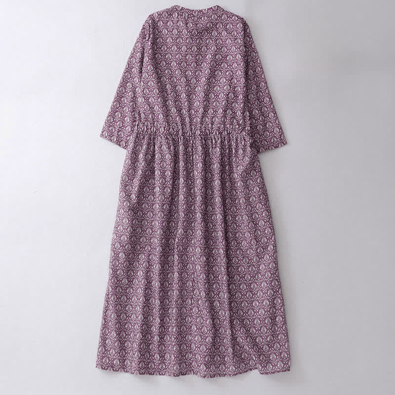 Buddha Stones Robe d'été à manches courtes pour femme, à imprimé floral, boutonnée et à cordon de serrage, avec poches - image 1