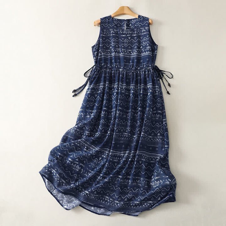 Buddha Stones Robe d'été bohème sans manches à cordon de serrage et imprimé ethnique, avec poches, pour femme - Bleu nuit - US12，UK/AU16，EU44 (2XL) - image 0