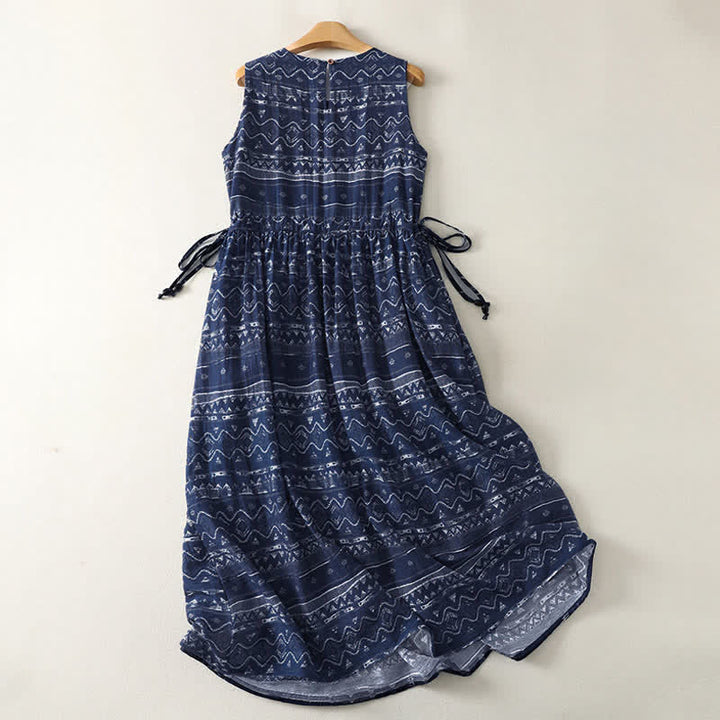 Buddha Stones Robe d'été bohème sans manches à cordon de serrage et imprimé ethnique, avec poches, pour femme - image 1