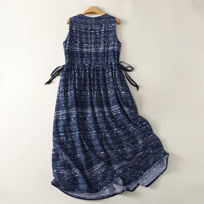 Buddha Stones Robe d'été bohème sans manches à cordon de serrage et imprimé ethnique, avec poches, pour femme - image 1