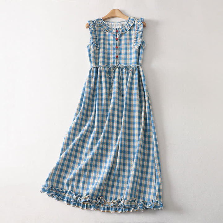 Buddha Stones Robe d'été sans manches à carreaux vichy pour femme, boutonnée et à cordon de serrage, avec poches - Bleu ciel clair - US12，UK/AU16，EU44 (2XL) - image 0
