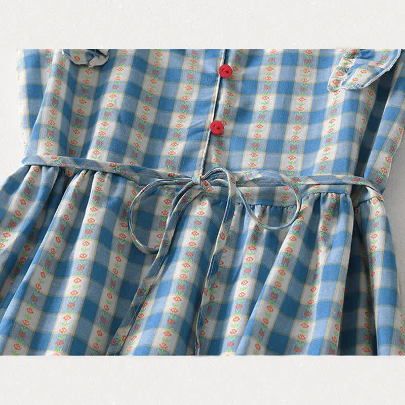 Buddha Stones Robe d'été sans manches à carreaux vichy pour femme, boutonnée et à cordon de serrage, avec poches - image 7